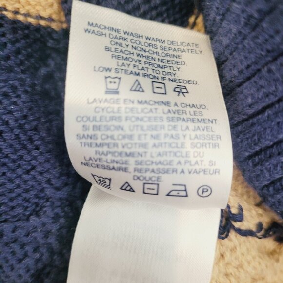 Land's End Drifter Cable Knit Navy & Tan Stripe Pullover Cotton Sweater - Picture 8 of 8